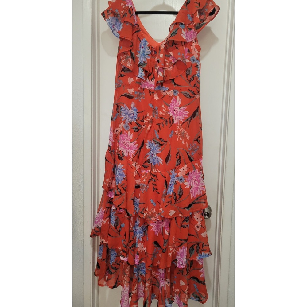 Shelby & Palmer Orange Floral Ruffle Tiered Midi Wedding Guest Dress 10